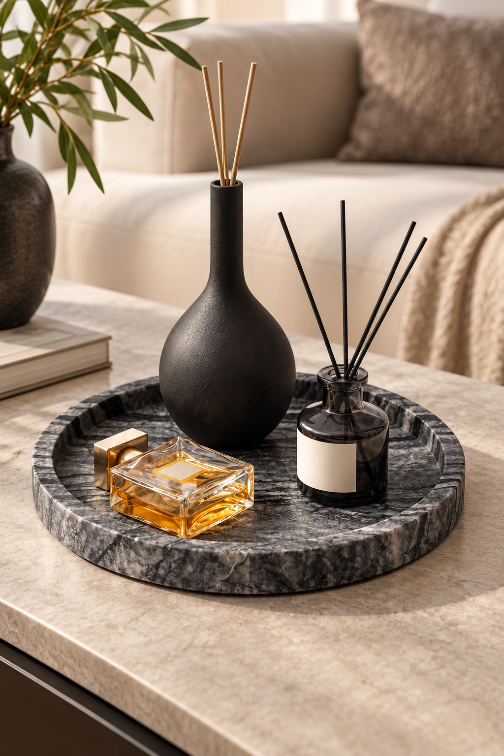 Dark veined marble tray with a raised rim, styled with a reed diffuser and a glass perfume bottle