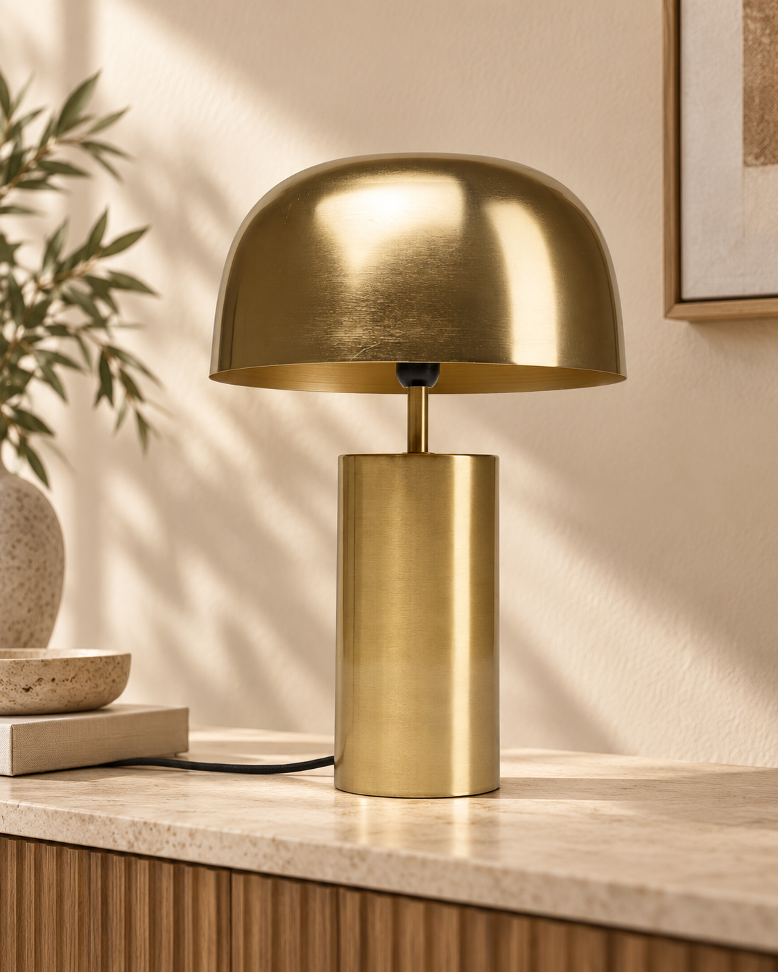 Brushed brass table lamp with a deep dome shade on a stone-topped cabinet
