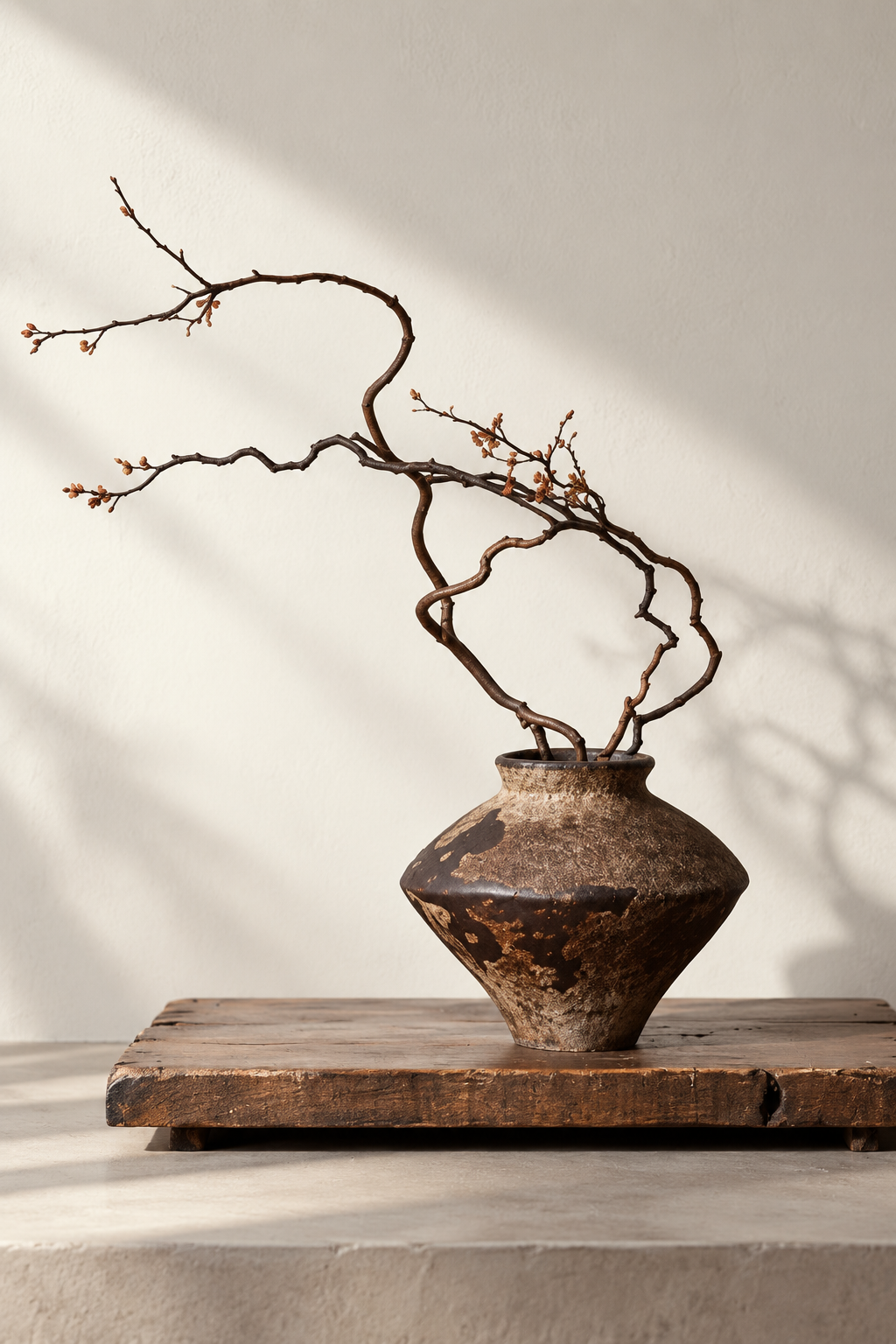 Textured ceramic vase with a single sculptural branch, resting on a weathered wooden block