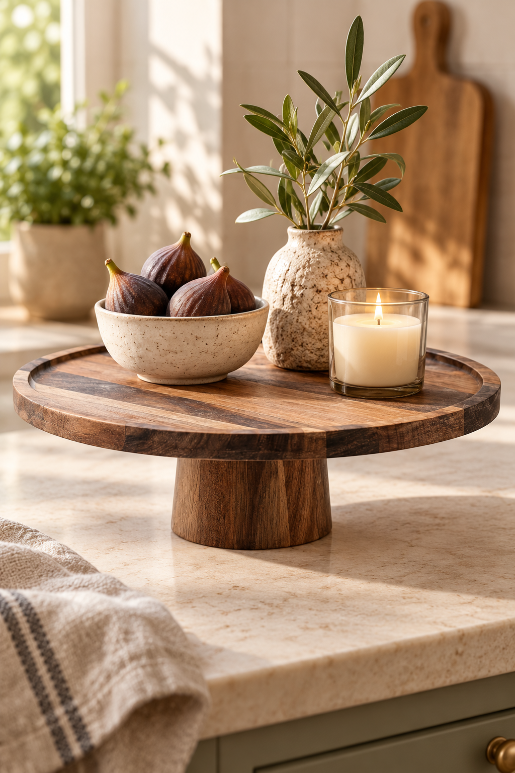 Acacia wood pedestal tray styled with a bowl of figs, olive branches and a lit candle