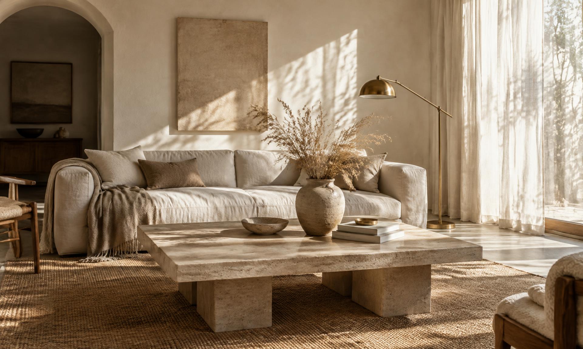 Sunlit living room with linen sofa, travertine table and brass lamp